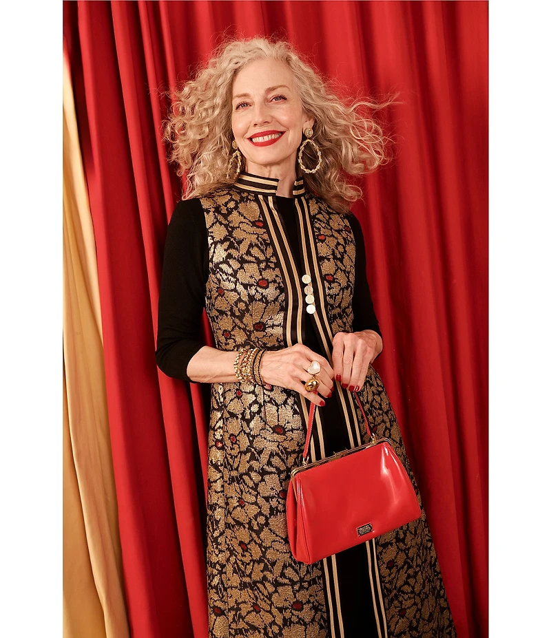 FRANCES VALENTINE Susie Winter Anemone Floral Metallic Jacquard Mandarin Collar Sleeveless Jacket Vest