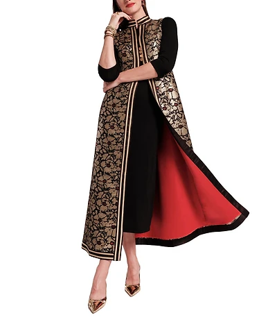 FRANCES VALENTINE Susie Winter Anemone Floral Metallic Jacquard Mandarin Collar Sleeveless Jacket Vest