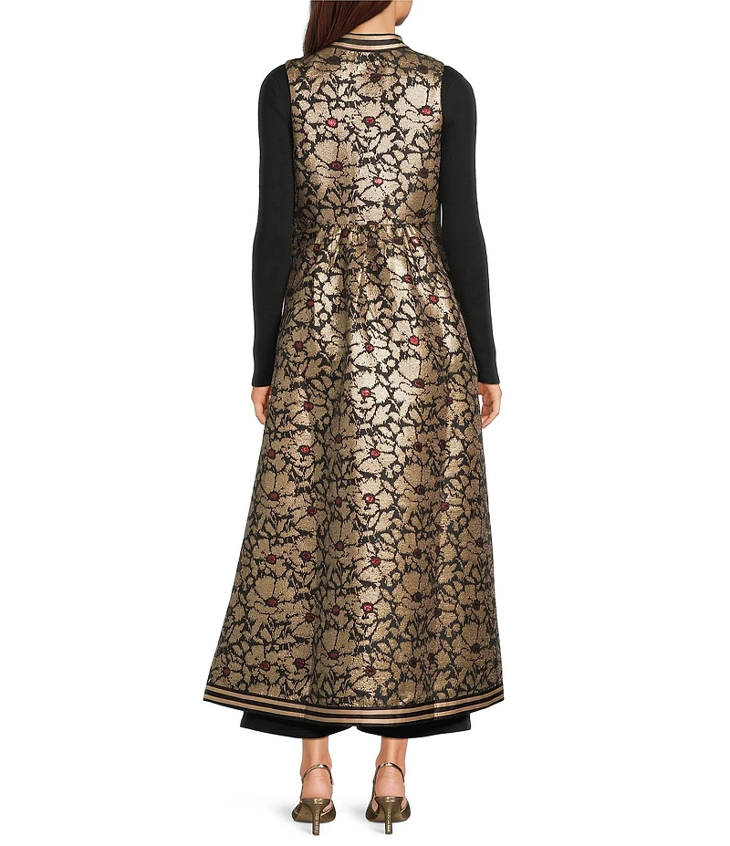FRANCES VALENTINE Susie Winter Anemone Floral Metallic Jacquard Mandarin Collar Sleeveless Jacket Vest