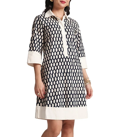 FRANCES VALENTINE Tracey Cotton Poplin Loop Print Point Collar Elbow Sleeve Dress
