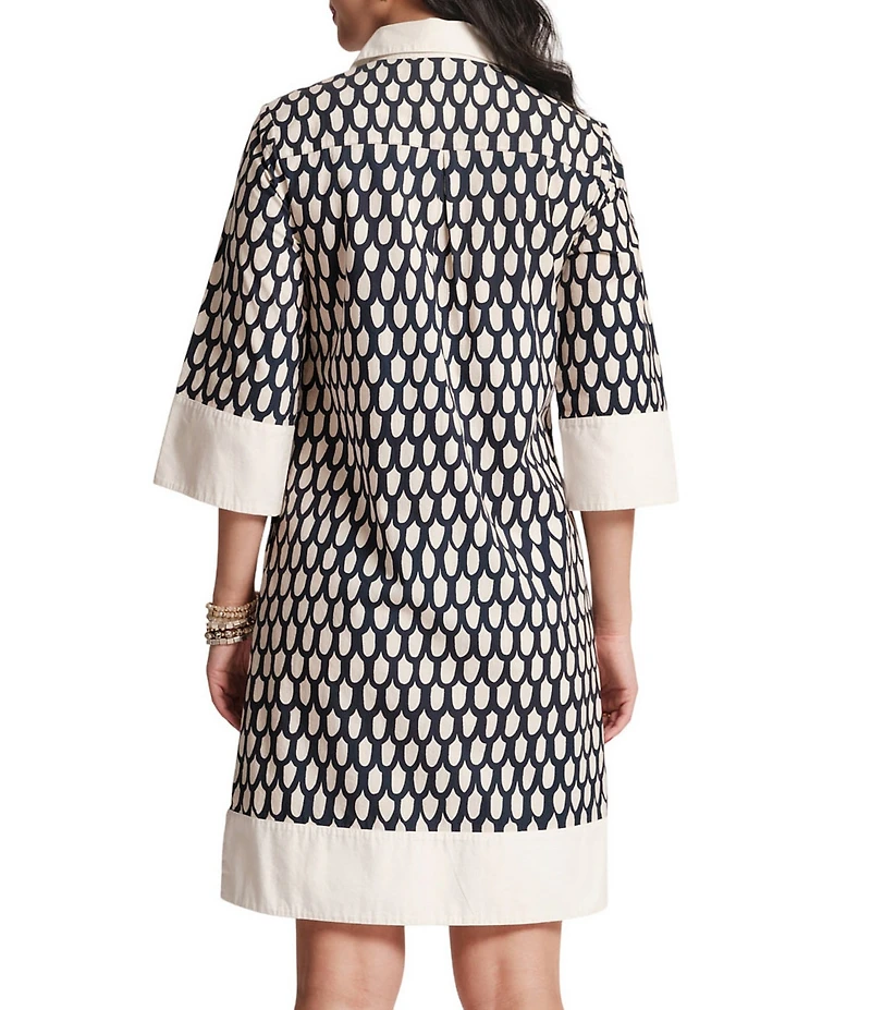 FRANCES VALENTINE Tracey Cotton Poplin Loop Print Point Collar Elbow Sleeve Dress