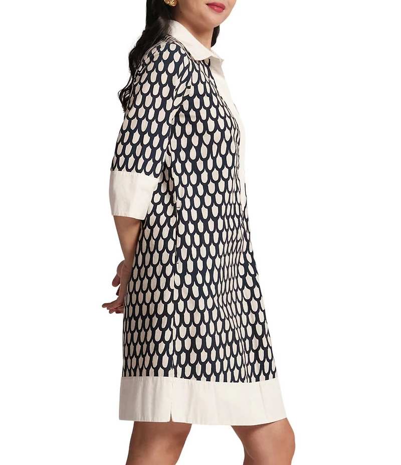 FRANCES VALENTINE Tracey Cotton Poplin Loop Print Point Collar Elbow Sleeve Dress