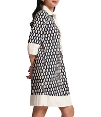 FRANCES VALENTINE Tracey Cotton Poplin Loop Print Point Collar Elbow Sleeve Dress