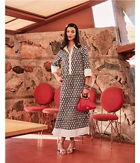 FRANCES VALENTINE Tracey Cotton Poplin Loop Print Point Collar Elbow Sleeve Dress