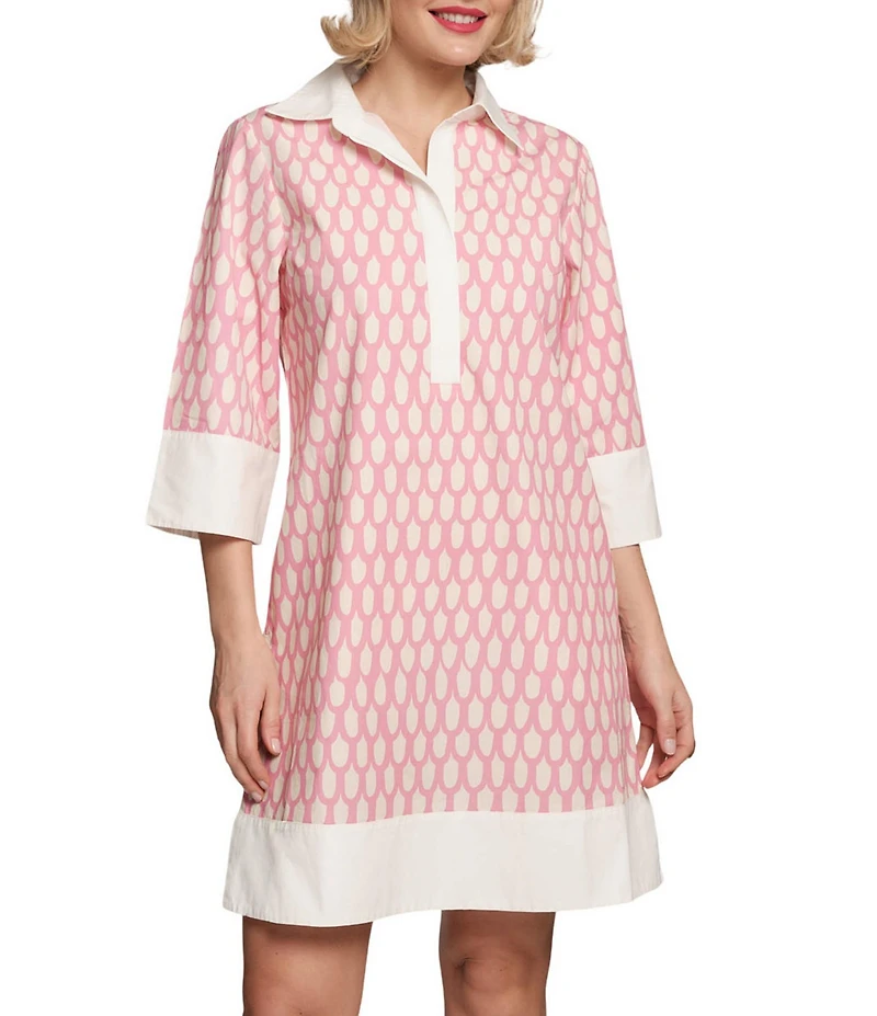 FRANCES VALENTINE Tracey Cotton Poplin Loop Print Point Collar Elbow Sleeve Dress