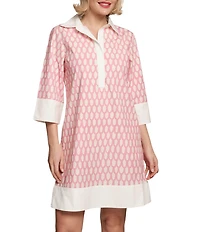 FRANCES VALENTINE Tracey Cotton Poplin Loop Print Point Collar Elbow Sleeve Dress