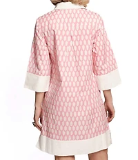FRANCES VALENTINE Tracey Cotton Poplin Loop Print Point Collar Elbow Sleeve Dress