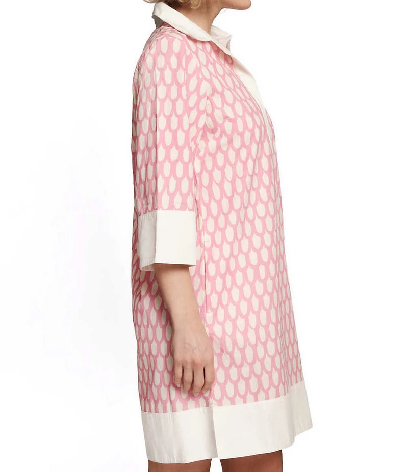 FRANCES VALENTINE Tracey Cotton Poplin Loop Print Point Collar Elbow Sleeve Dress