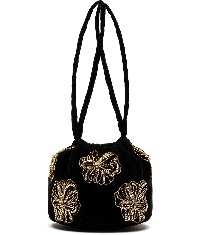 FRANCES VALENTINE Velvet Floral Embroidered Rhinestone Pouf Bucket Bag