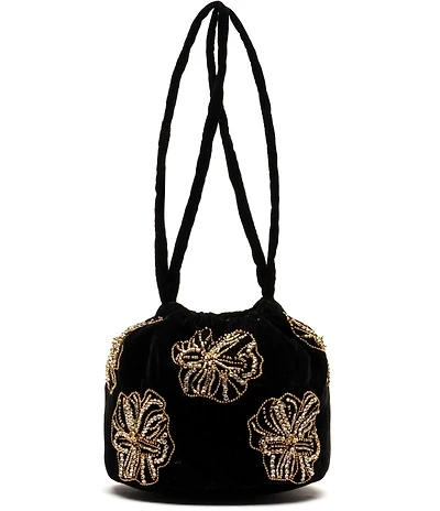 FRANCES VALENTINE Velvet Floral Embroidered Rhinestone Pouf Bucket Bag