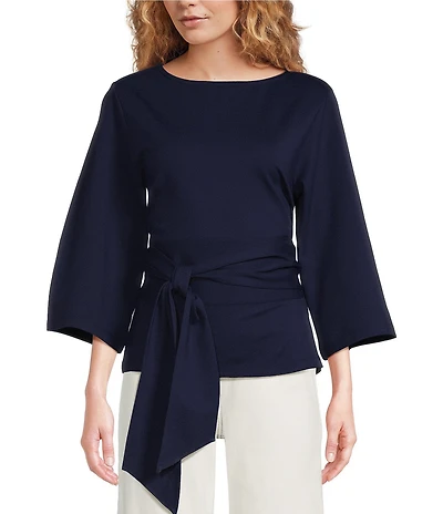 FRANCES VALENTINE Whitney Viscose Blend Boat Neck 3/4 Sleeve Wrap Top