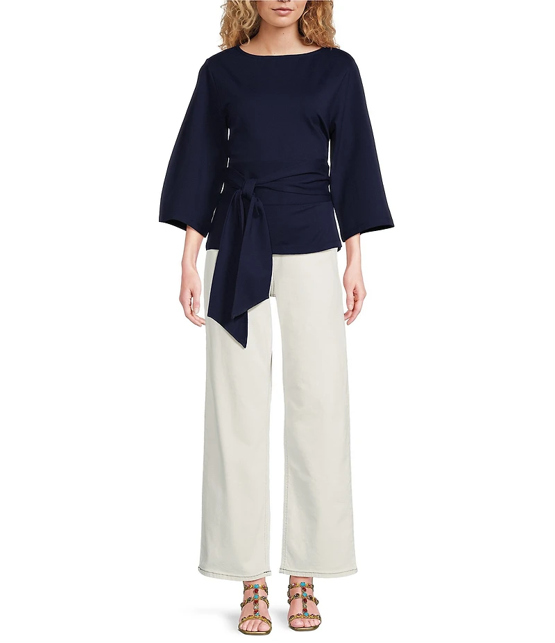 FRANCES VALENTINE Whitney Viscose Blend Boat Neck 3/4 Sleeve Wrap Top