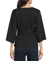 FRANCES VALENTINE Whitney Viscose Blend Boat Neck 3/4 Sleeve Wrap Top