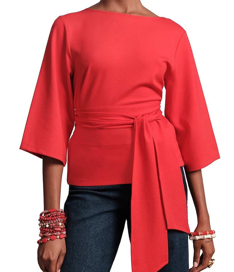 FRANCES VALENTINE Whitney Viscose Blend Boat Neck 3/4 Sleeve Wrap Top