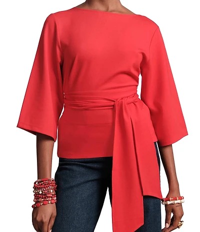 FRANCES VALENTINE Whitney Viscose Blend Boat Neck 3/4 Sleeve Wrap Top