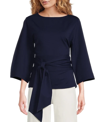 FRANCES VALENTINE Whitney Viscose Blend Boat Neck 3/4 Sleeve Wrap Top