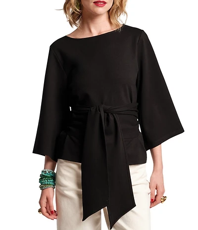 FRANCES VALENTINE Whitney Viscose Blend Boat Neck 3/4 Sleeve Wrap Top