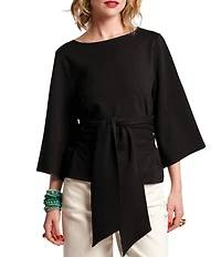 FRANCES VALENTINE Whitney Viscose Blend Boat Neck 3/4 Sleeve Wrap Top