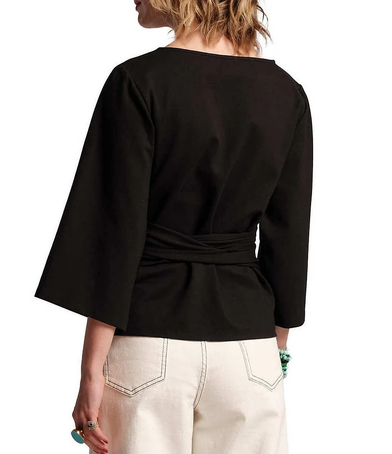 FRANCES VALENTINE Whitney Viscose Blend Boat Neck 3/4 Sleeve Wrap Top