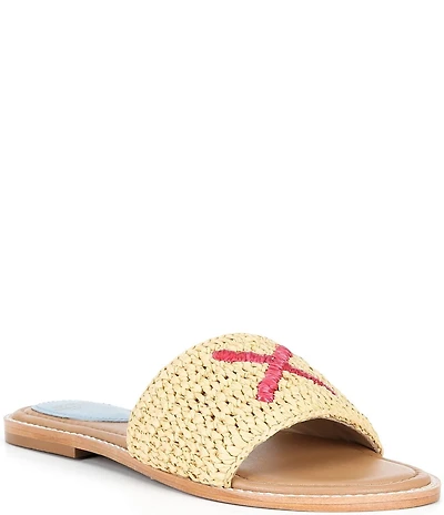 FRANCES VALENTINE XO Embroidered Raffia Slip On Slide Sandals