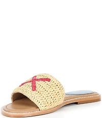 FRANCES VALENTINE XO Embroidered Raffia Slip On Slide Sandals