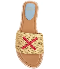 FRANCES VALENTINE XO Embroidered Raffia Slip On Slide Sandals