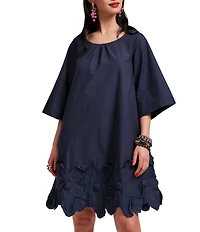 FRANCES VALENTINE Zennia Poplin Boat Neck 3/4 Sleeve Embroidered Flower Hem Dress