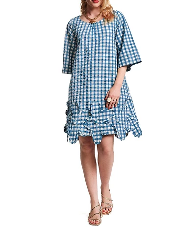 FRANCES VALENTINE Zennia Textured Cotton-Blend Gingham Floral Applique Hem Shift Dress