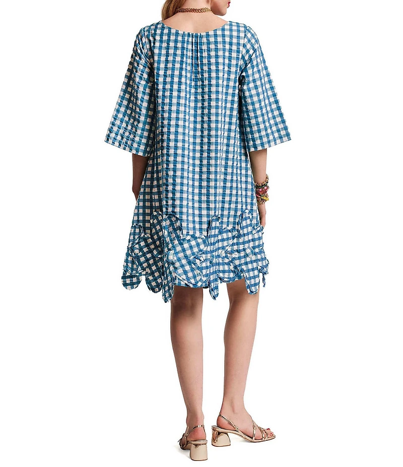 FRANCES VALENTINE Zennia Textured Cotton-Blend Gingham Floral Applique Hem Shift Dress