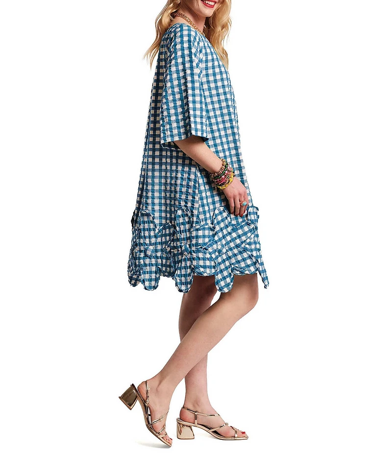 FRANCES VALENTINE Zennia Textured Cotton-Blend Gingham Floral Applique Hem Shift Dress