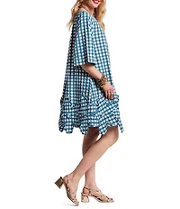 FRANCES VALENTINE Zennia Textured Cotton-Blend Gingham Floral Applique Hem Shift Dress