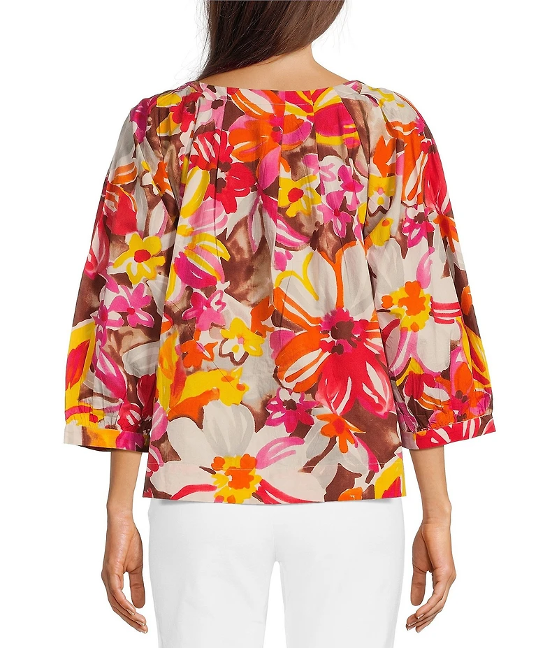 FRANCES VALENTINE Zoe Sun Floral Print Scoop Neck 3/4 Sleeve Blouse