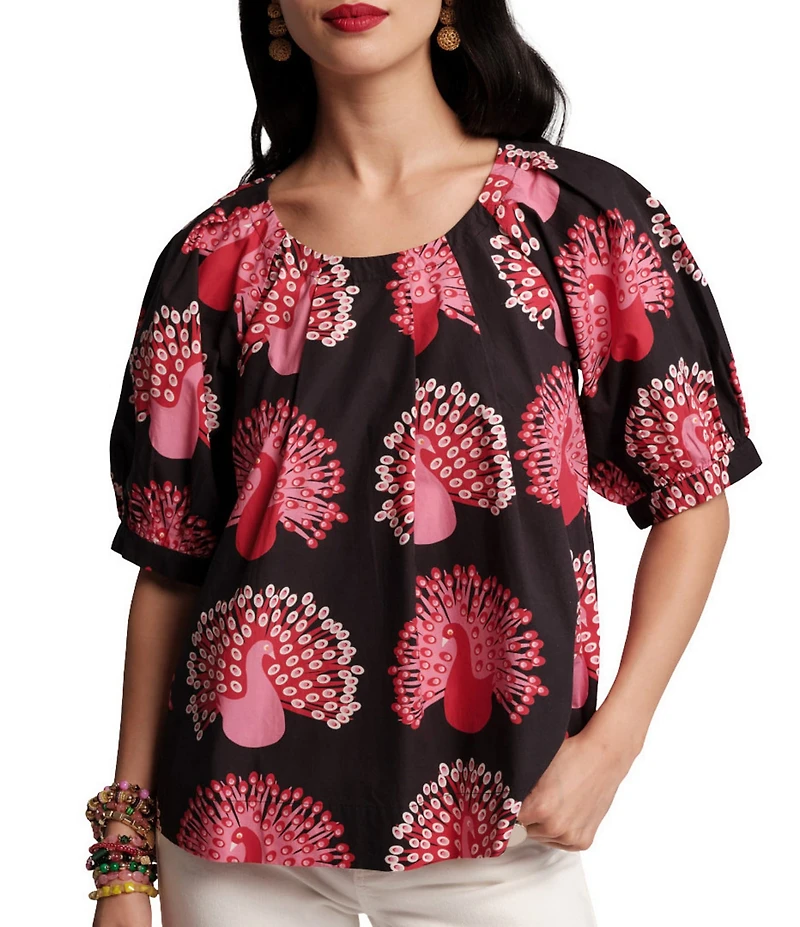 FRANCES VALENTINE Zonda Peacock Print Scoop Neck Short Puff Sleeve Top