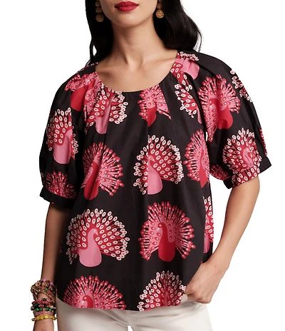 FRANCES VALENTINE Zonda Peacock Print Scoop Neck Short Puff Sleeve Top