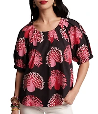 FRANCES VALENTINE Zonda Peacock Print Scoop Neck Short Puff Sleeve Top