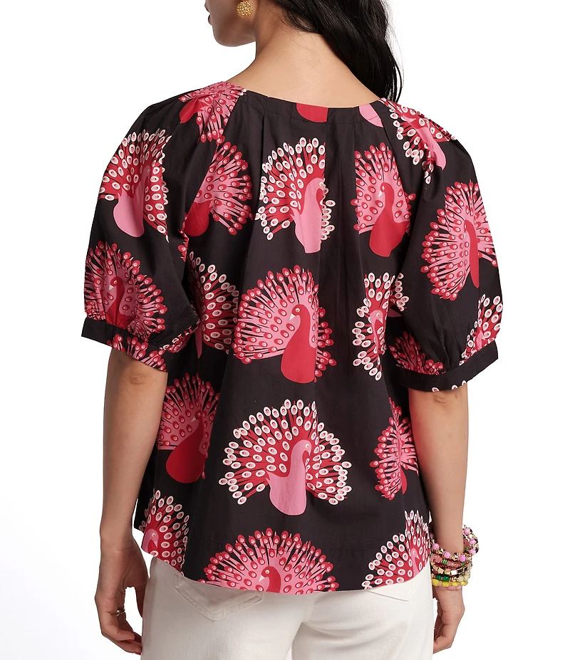 FRANCES VALENTINE Zonda Peacock Print Scoop Neck Short Puff Sleeve Top