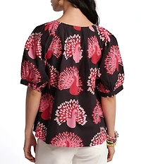 FRANCES VALENTINE Zonda Peacock Print Scoop Neck Short Puff Sleeve Top