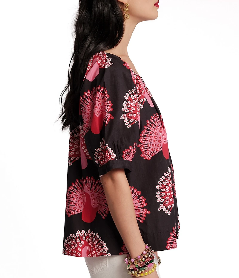 FRANCES VALENTINE Zonda Peacock Print Scoop Neck Short Puff Sleeve Top