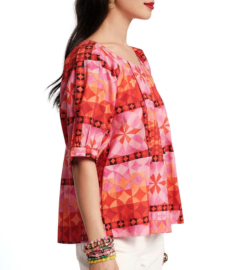 FRANCES VALENTINE Zonda Poplin Mosaic Print Scoop Neck Elbow Sleeve Top