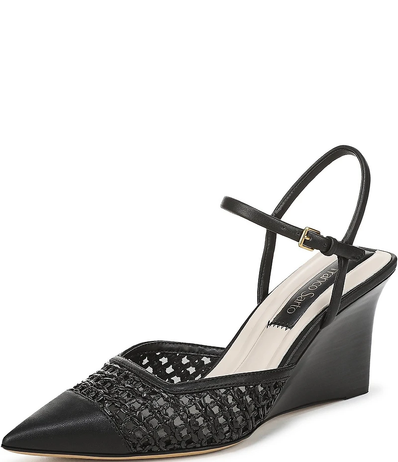 Franco Sarto Cherie Raffia Pointed Toe Ankle Wrap Wedge Pumps