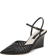 Franco Sarto Cherie Raffia Pointed Toe Ankle Wrap Wedge Pumps