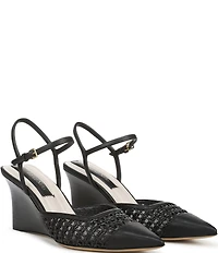 Franco Sarto Cherie Raffia Pointed Toe Ankle Wrap Wedge Pumps