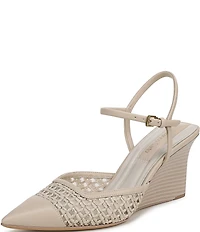 Franco Sarto Cherie Raffia Pointed Toe Ankle Wrap Wedge Pumps