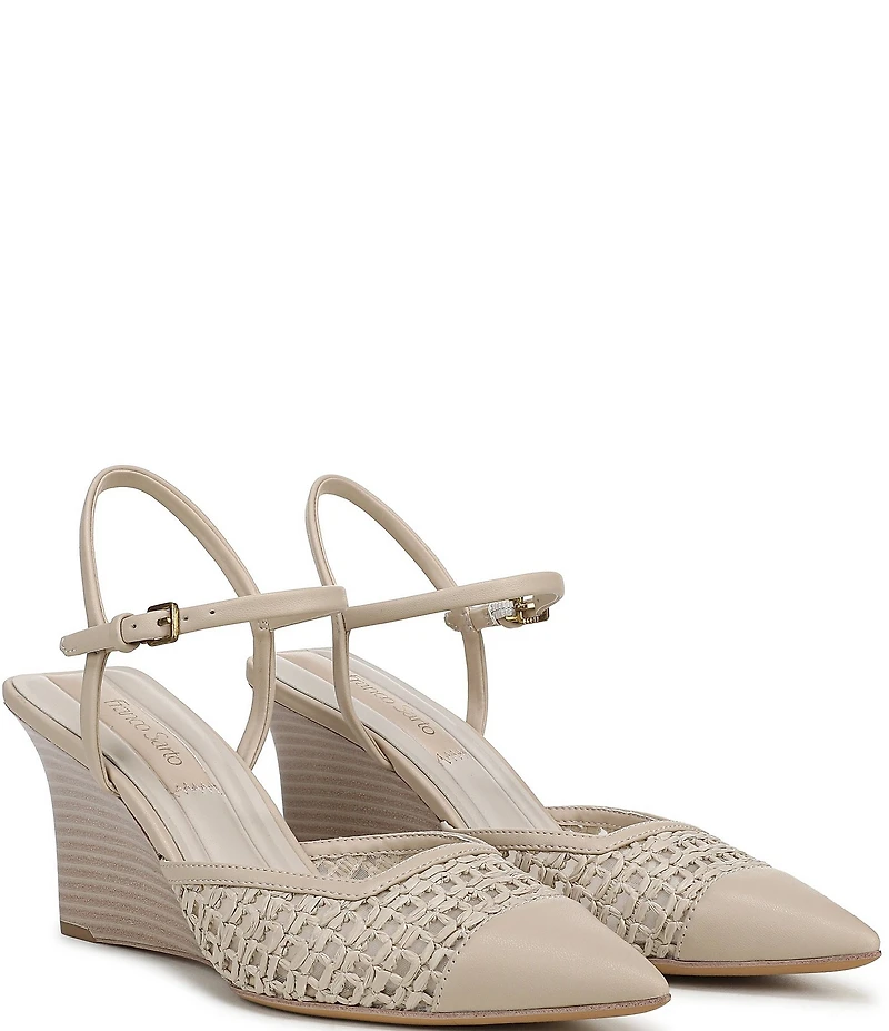 Franco Sarto Cherie Raffia Pointed Toe Ankle Wrap Wedge Pumps