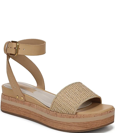 Franco Sarto Hava Leather and Woven Raffia Ankle Strap Platform Wedge Sandals