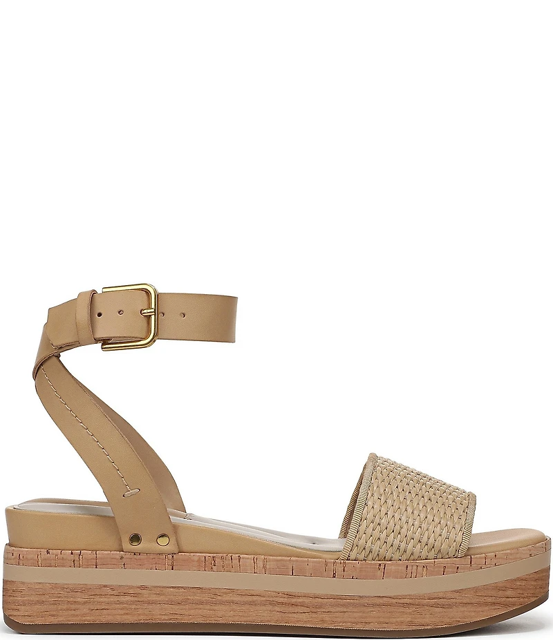 Franco Sarto Hava Leather and Woven Raffia Ankle Strap Platform Wedge Sandals