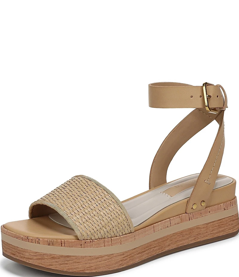 Franco Sarto Hava Leather and Woven Raffia Ankle Strap Platform Wedge Sandals