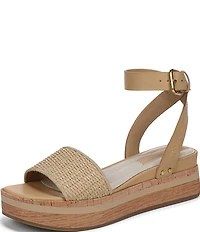 Franco Sarto Hava Leather and Woven Raffia Ankle Strap Platform Wedge Sandals