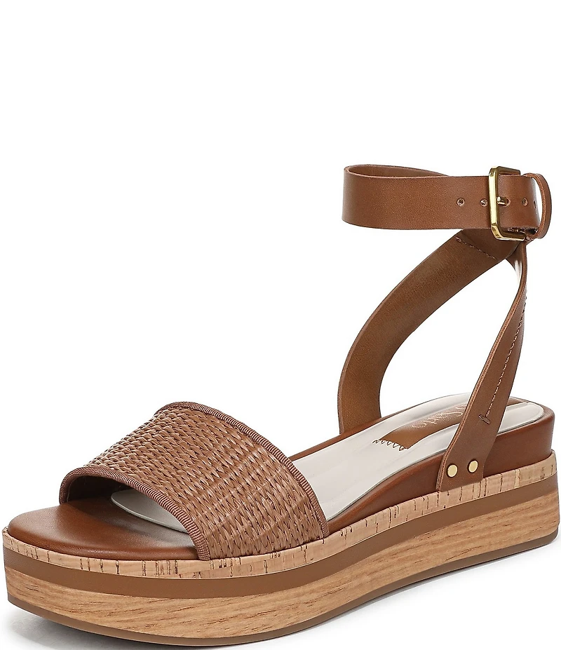 Franco Sarto Hava Leather and Woven Raffia Ankle Strap Platform Wedge Sandals