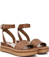 Franco Sarto Hava Leather and Woven Raffia Ankle Strap Platform Wedge Sandals